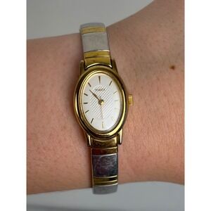 Vintage Cavatnia Timex Oval Watch 7.5" Two Tone Gold Silver Stretch Band